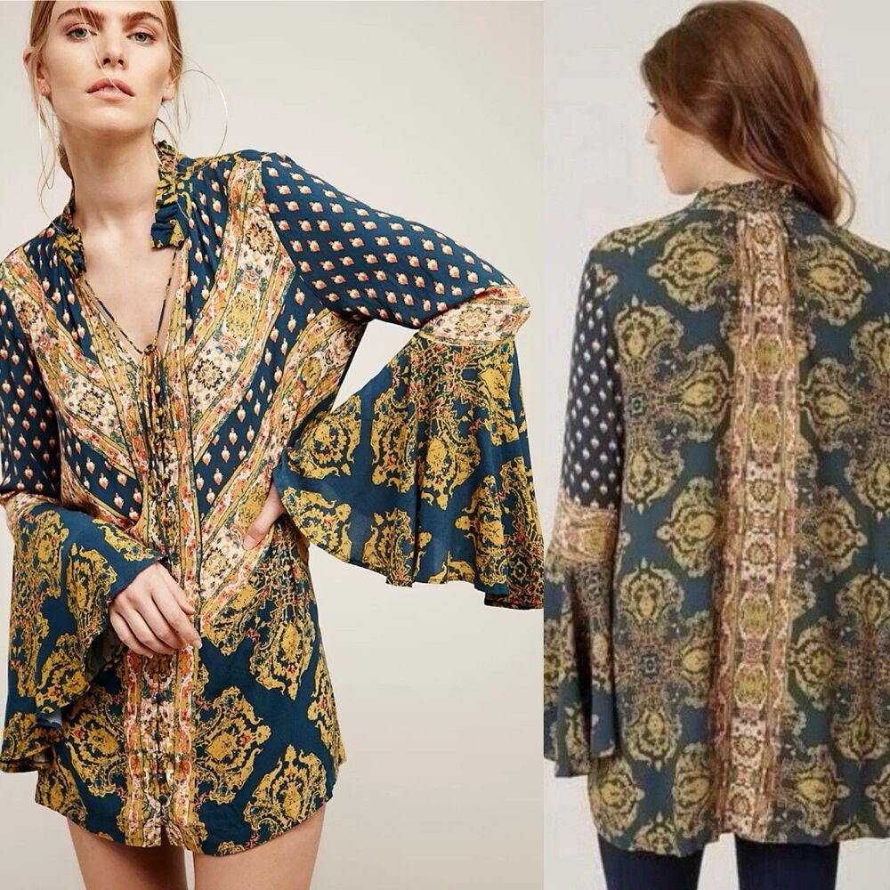 Free People Magic Mystery Tunic Women’s M Bell Sleeves Teal Blue Boho Witchy